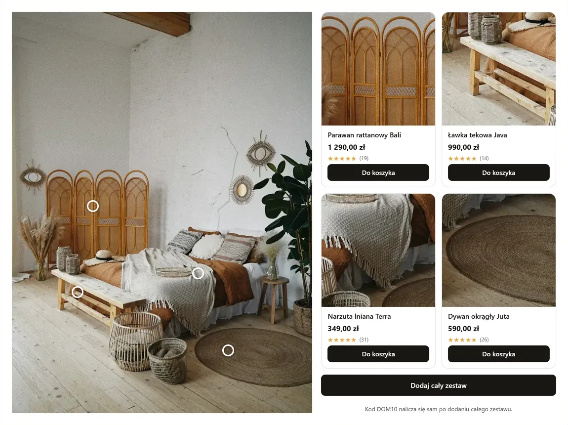 Ten sam zestaw na ekranie laptopa: zdjęcie sypialni z czterema punktami po lewej, półka czterech kart produktów po prawej i przycisk „Dodaj cały zestaw” pod nimi.