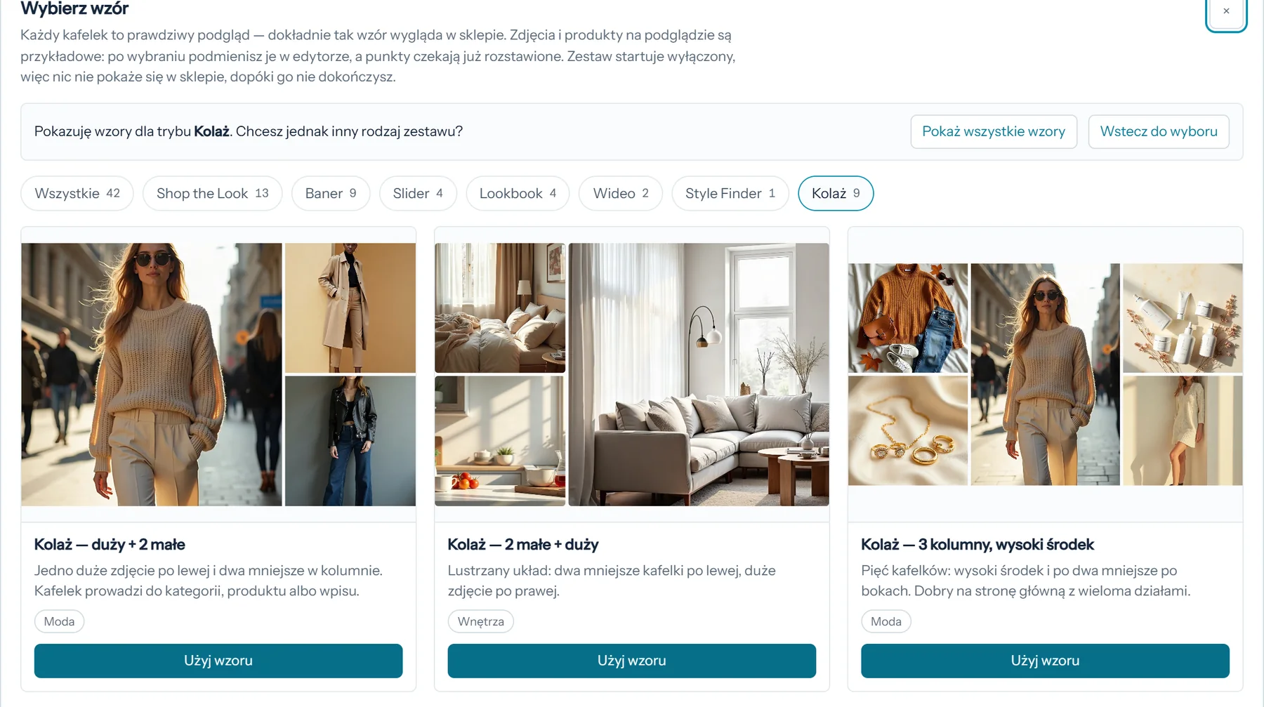 Galeria gotowych wzorów z żywymi podglądami kolaży
