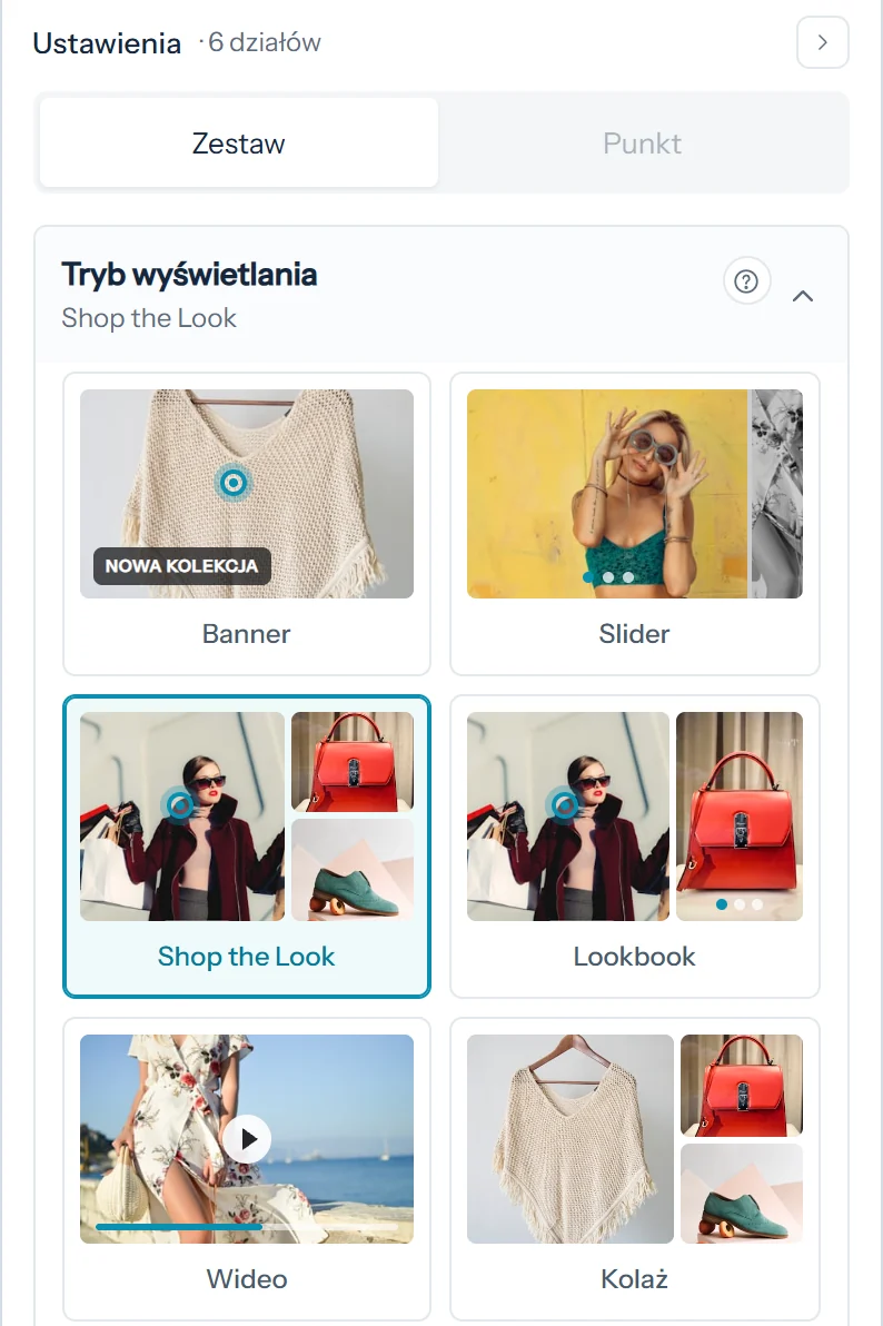 Ustawienia zestawu: wybór trybu kafelkami