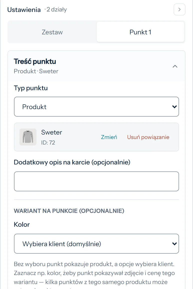 Ustawienia punktu: typ punktu, powiązany produkt ze sklepu, dodatkowy opis i wariant